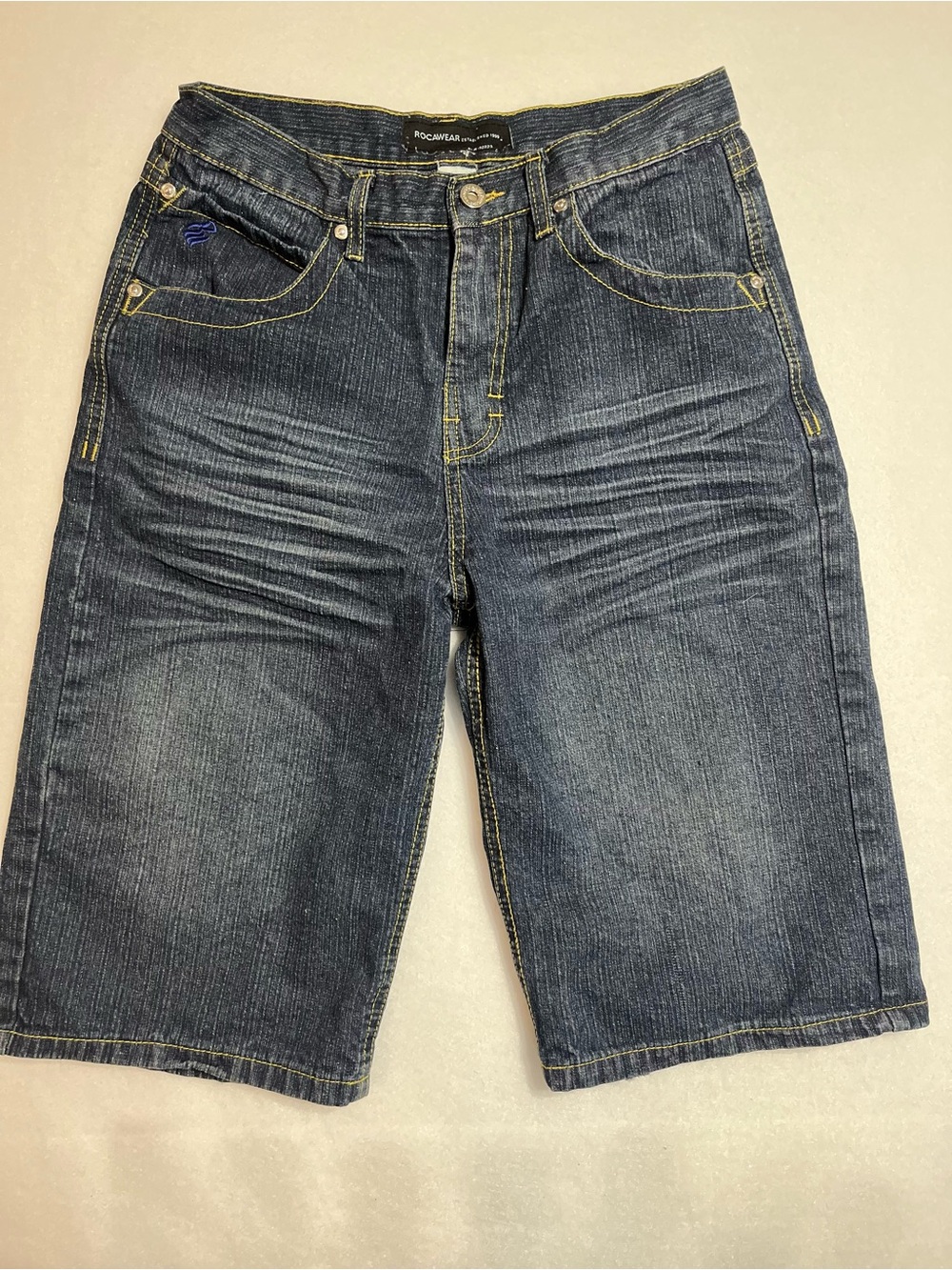 Rocawear Dark Blue Denim Jean Shorts with Yellow Stitching 90’s look Long shorts